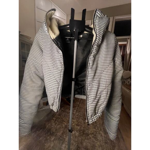 Princess Polly keir cropped puffer jacket houndstooth black white cotton Sz S/M - Picture 1 of 8